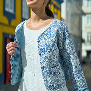 Yumi Blue Boho Floral Print Cropped Reversible Cotton Quilted Jacket