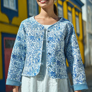 Yumi Blue Boho Floral Print Cropped Reversible Cotton Quilted Jacket