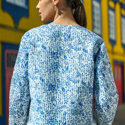 Yumi Blue Boho Floral Print Cropped Reversible Cotton Quilted Jacket