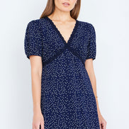 Yumi Navy Spot Print Lace Trim Skater Dress