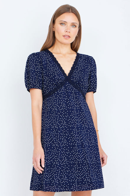 Yumi Navy Spot Print Lace Trim Skater Dress