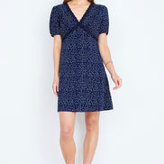 Yumi Navy Spot Print Lace Trim Skater Dress