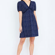 Yumi Navy Spot Print Lace Trim Skater Dress