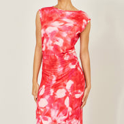 Yumi Red Mesh Ruched Bodycon Midi Dress