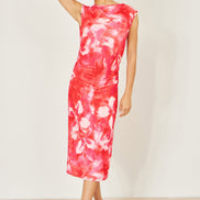 Yumi Red Mesh Ruched Bodycon Midi Dress