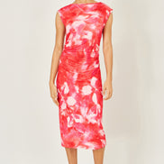 Yumi Red Mesh Ruched Bodycon Midi Dress