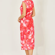 Yumi Red Mesh Ruched Bodycon Midi Dress