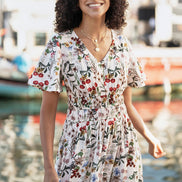 Yumi Ivory Botanical Print Viscose Midi Dress
