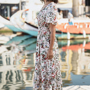 Yumi Ivory Botanical Print Viscose Midi Dress