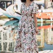 Yumi Ivory Botanical Print Viscose Midi Dress