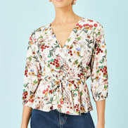 Yumi Ivory Viscose Botanical Print Wrap Top
