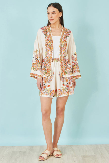 Yumi Ivory Viscose Floral Border Shorts