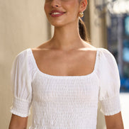 Yumi White Cotton Shirring Puff Sleeve Top