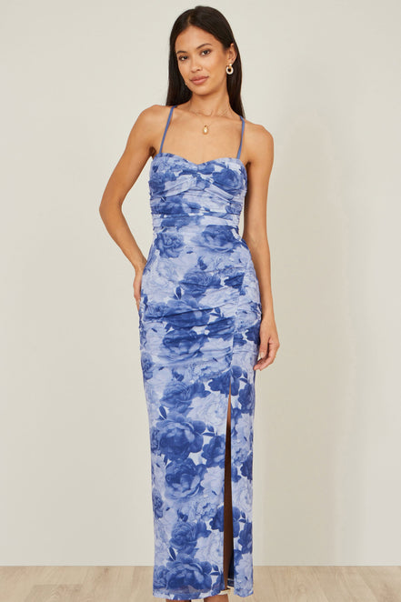 Yumi Blue Mesh Ruched Midi Dress with Split