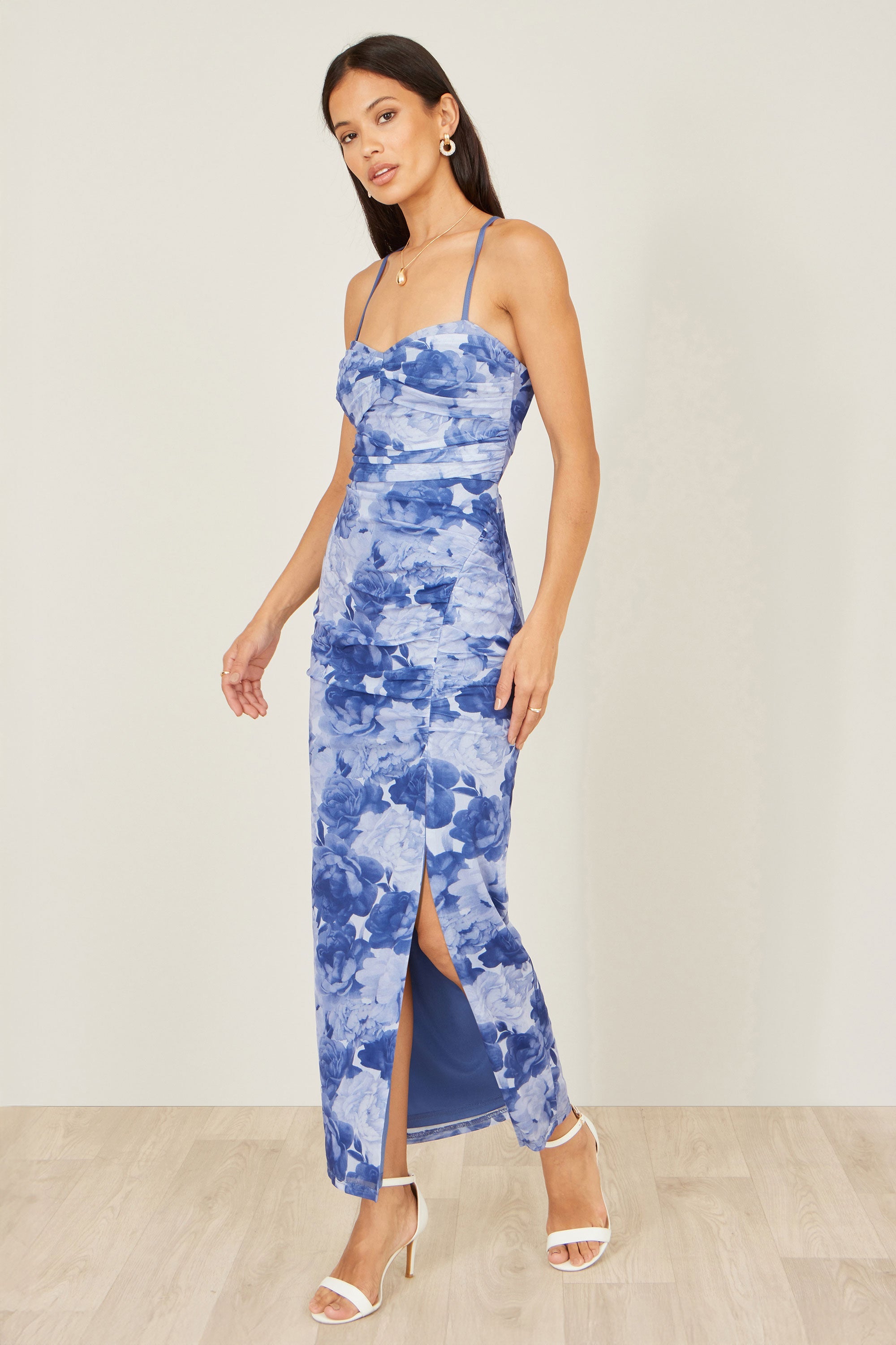 Yumi Blue Mesh Ruched Midi Dress with Split
