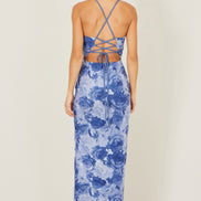 Yumi Blue Mesh Ruched Midi Dress with Split