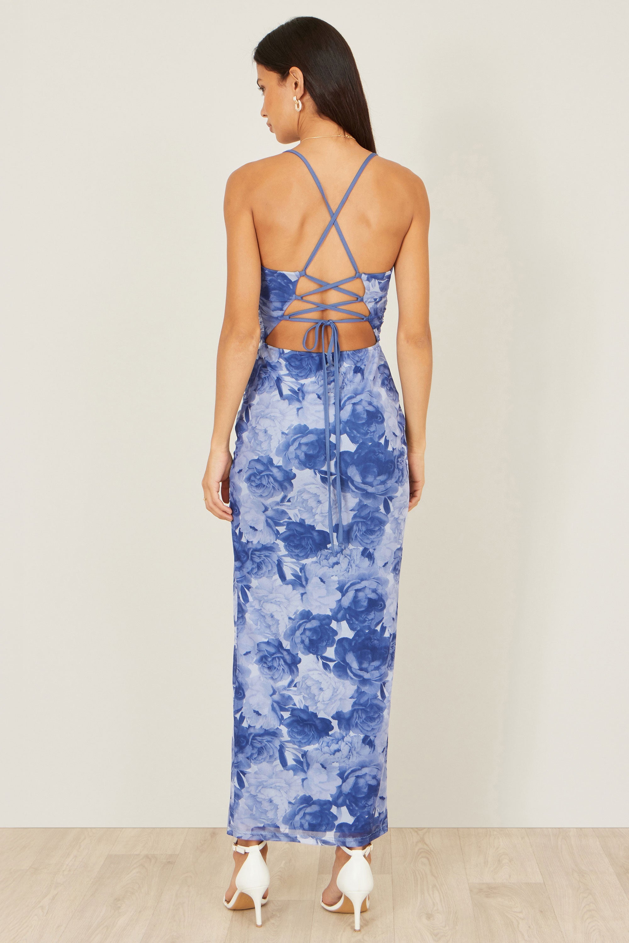Yumi Blue Mesh Ruched Midi Dress with Split
