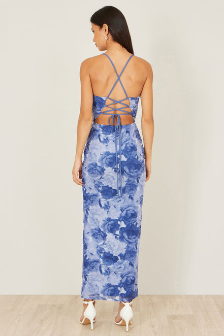 Yumi Blue Mesh Ruched Midi Dress with Split