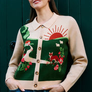 Yumi Beige Fox Scene Viscose Knitted Box Jacket