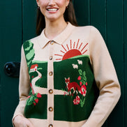 Yumi Beige Fox Scene Viscose Knitted Box Jacket