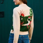 Yumi Beige Fox Scene Viscose Knitted Box Jacket