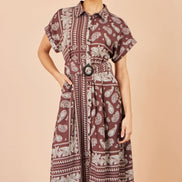 Yumi Brown Scarf Print Midi Shirt Dress