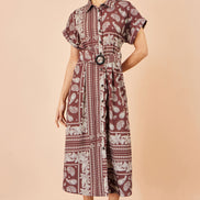 Yumi Brown Scarf Print Midi Shirt Dress
