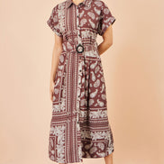 Yumi Brown Scarf Print Midi Shirt Dress
