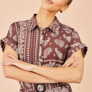 Yumi Brown Scarf Print Midi Shirt Dress