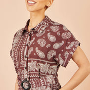Yumi Brown Scarf Print Midi Shirt Dress