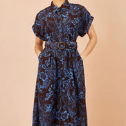 Yumi Brown Paisley Midi Shirt Dress