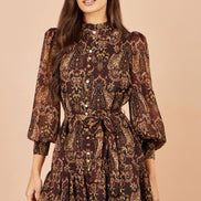 Yumi Brown Paisley Long Sleeve Shirt Dress