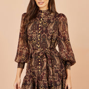 Yumi Brown Paisley Long Sleeve Shirt Dress