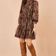 Yumi Brown Paisley Long Sleeve Shirt Dress