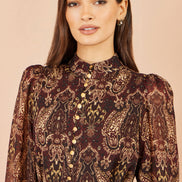 Yumi Brown Paisley Long Sleeve Shirt Dress
