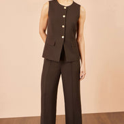 Yumi Brown Long Line Button Waistcoat Top