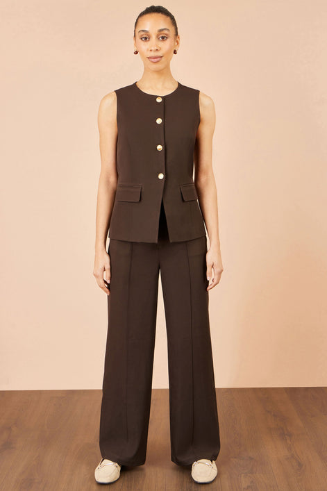 Yumi Brown Long Line Button Waistcoat Top