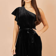 Yumi Black One Shoulder Velvet Jumpsuit