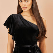 Yumi Black One Shoulder Velvet Jumpsuit