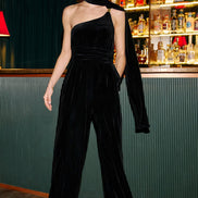 Yumi Black Velvet One Shoulder Jumpsuit With Scarf