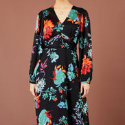 Yumi Black Floral Midi Dress With Long Sleeves