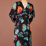Yumi Black Floral Midi Dress With Long Sleeves