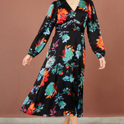 Yumi Black Floral Midi Dress With Long Sleeves
