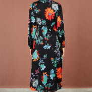 Yumi Black Floral Midi Dress With Long Sleeves