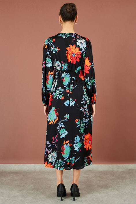 Yumi Black Floral Midi Dress With Long Sleeves