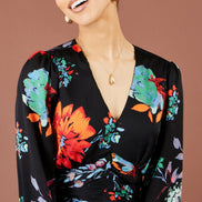 Yumi Black Floral Midi Dress With Long Sleeves