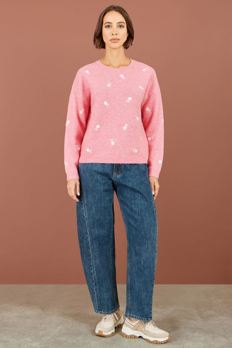 Yumi Pink Daisy Embroidered Relaxed Jumper