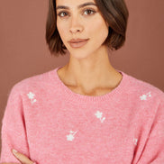 Yumi Pink Daisy Embroidered Relaxed Jumper