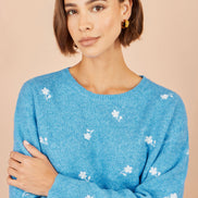 Yumi Blue Daisy Embroidered Relaxed Jumper