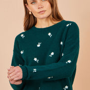 Yumi Green Daisy Embroidered Relaxed Jumper